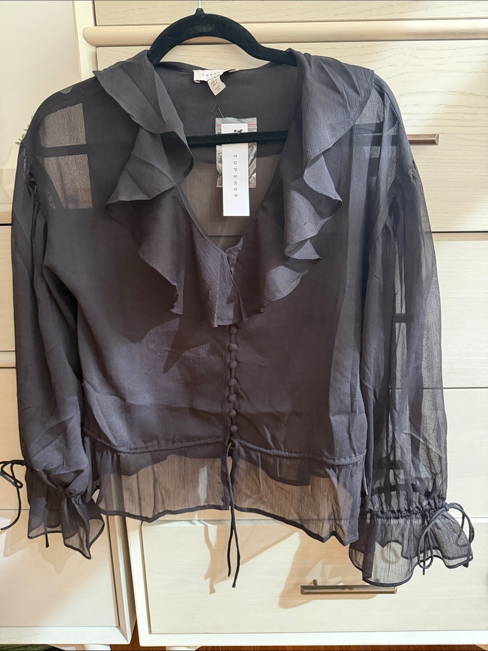 NWT Topshop Black Sheer Ruffle Front Women's Blouse Size US 4